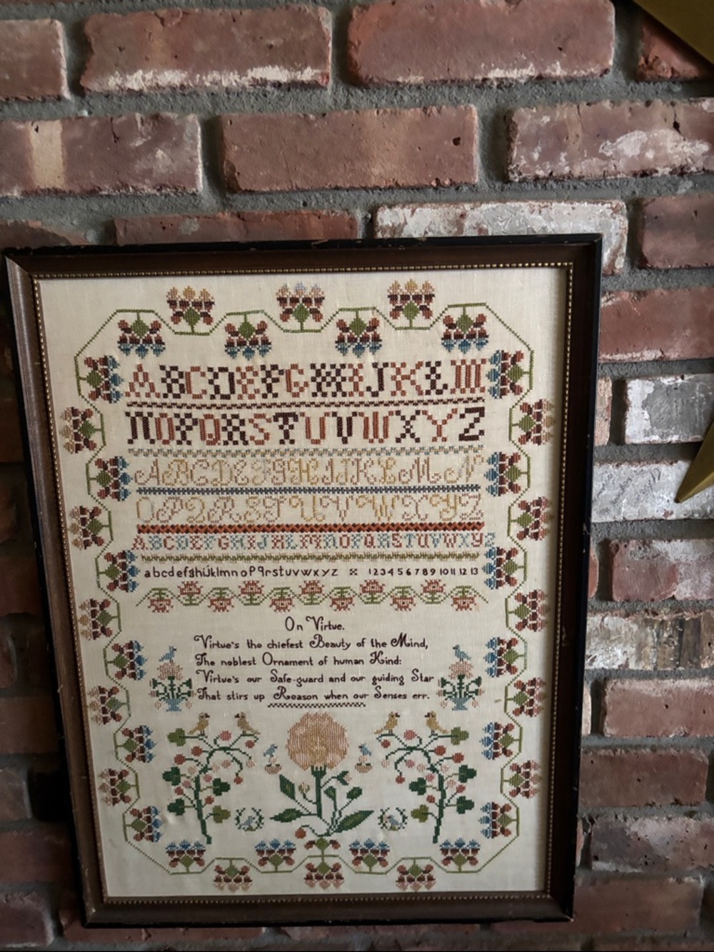 Framed Floral Cross-Stitch Sampler with Alphabet